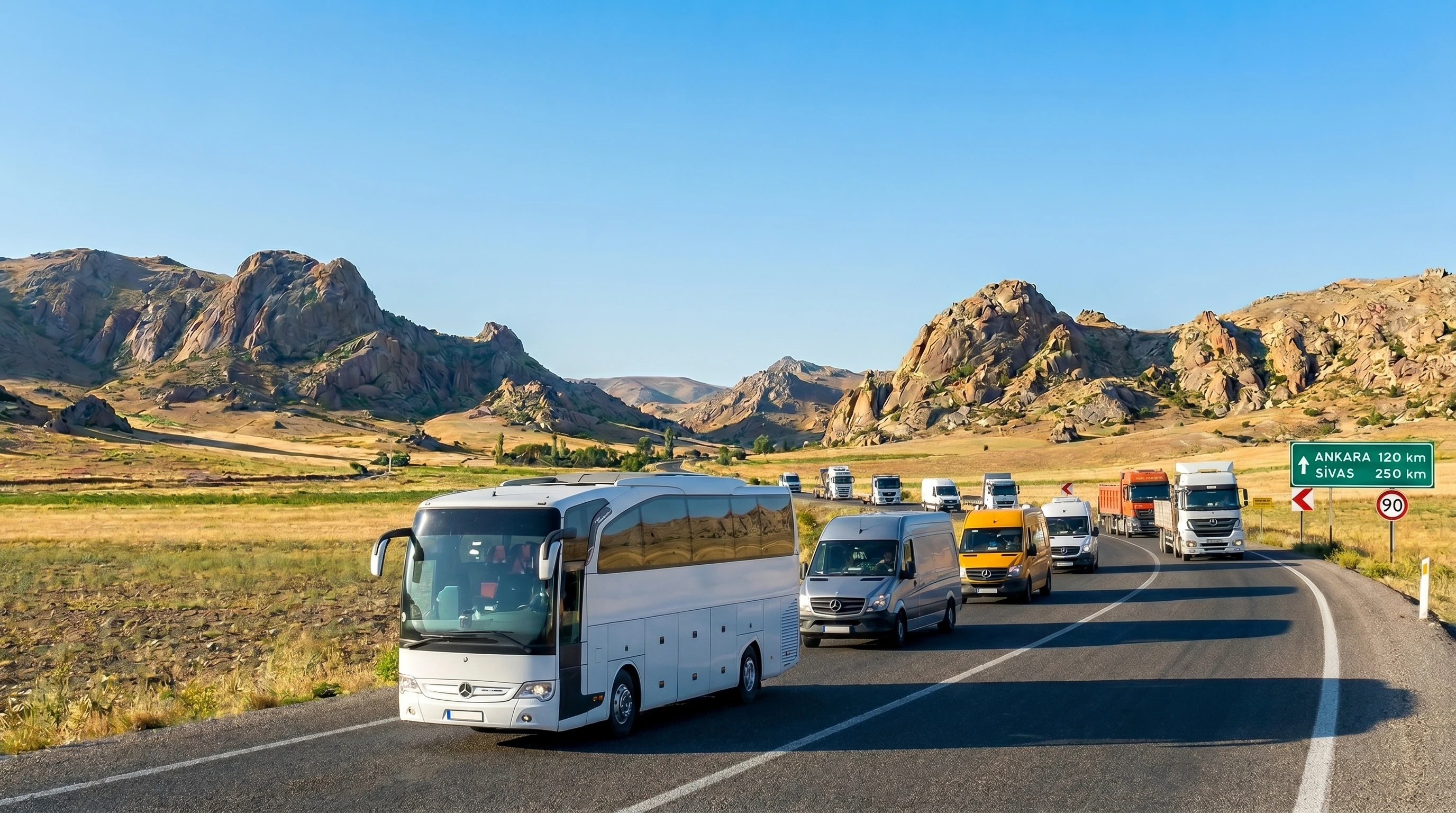 Afyon yolunda profesyonel sürücü filosu — otobüs, minibüs ve tır konvoyu